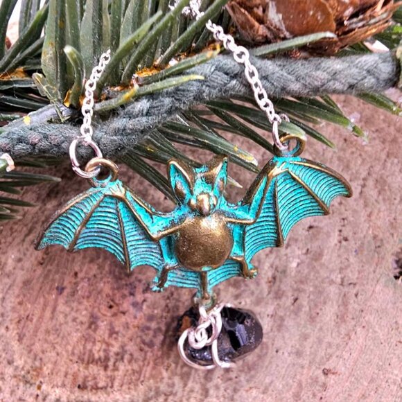 Flying Bat Nature Black Tourmaline Raw Stone Pendant Necklace - Picture 5 of 10